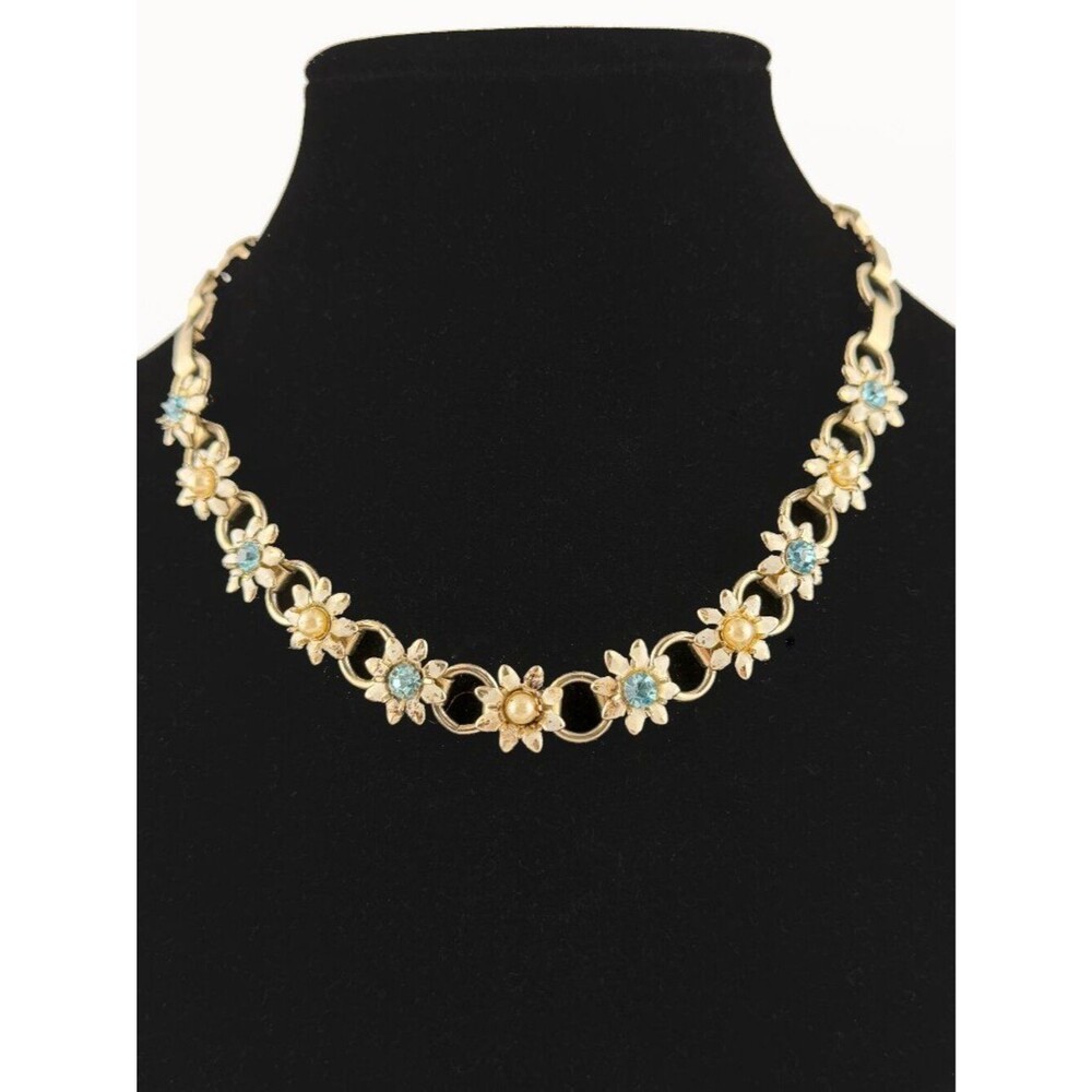 Vintage 1950s Blue Rhinestone & Faux Pearl Daisy Choker Necklace 15"